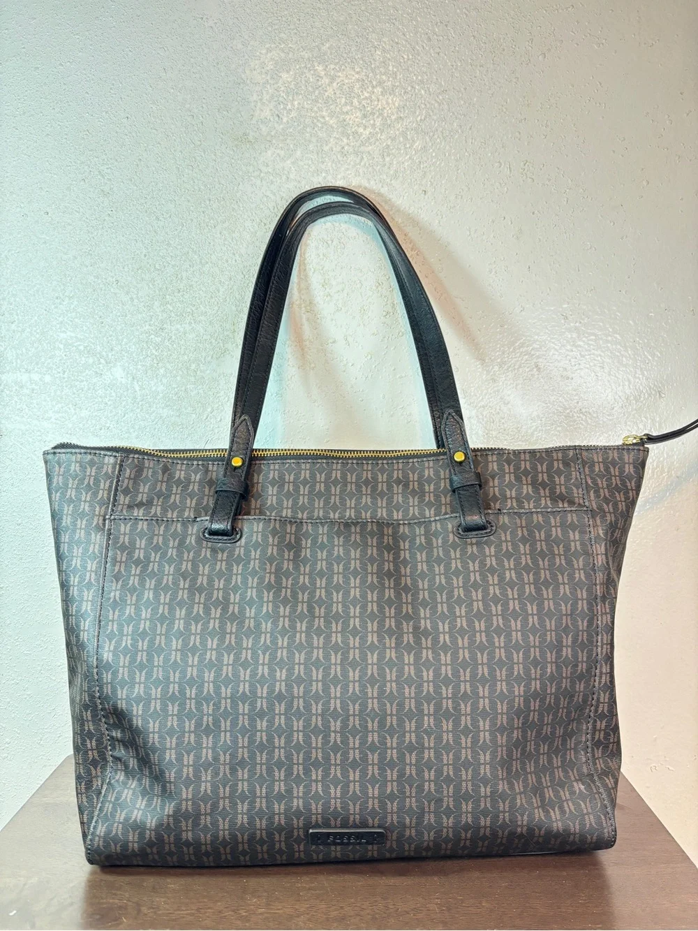 Fossil Dark Brown Monogram Canvas Tote with Black Handles